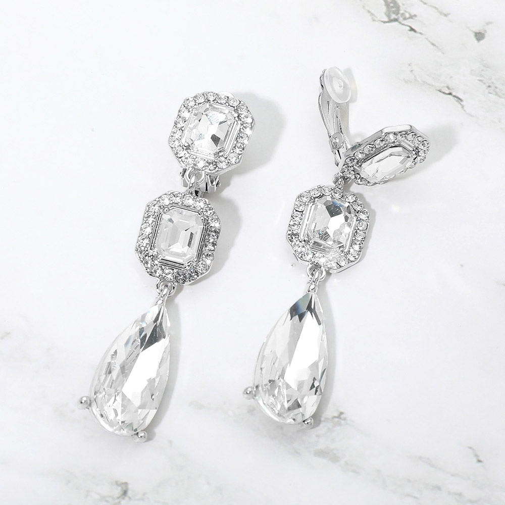 Silver Dangle Square Halo Crystal Clip On Earrings Triple Tear Drop ClipOns